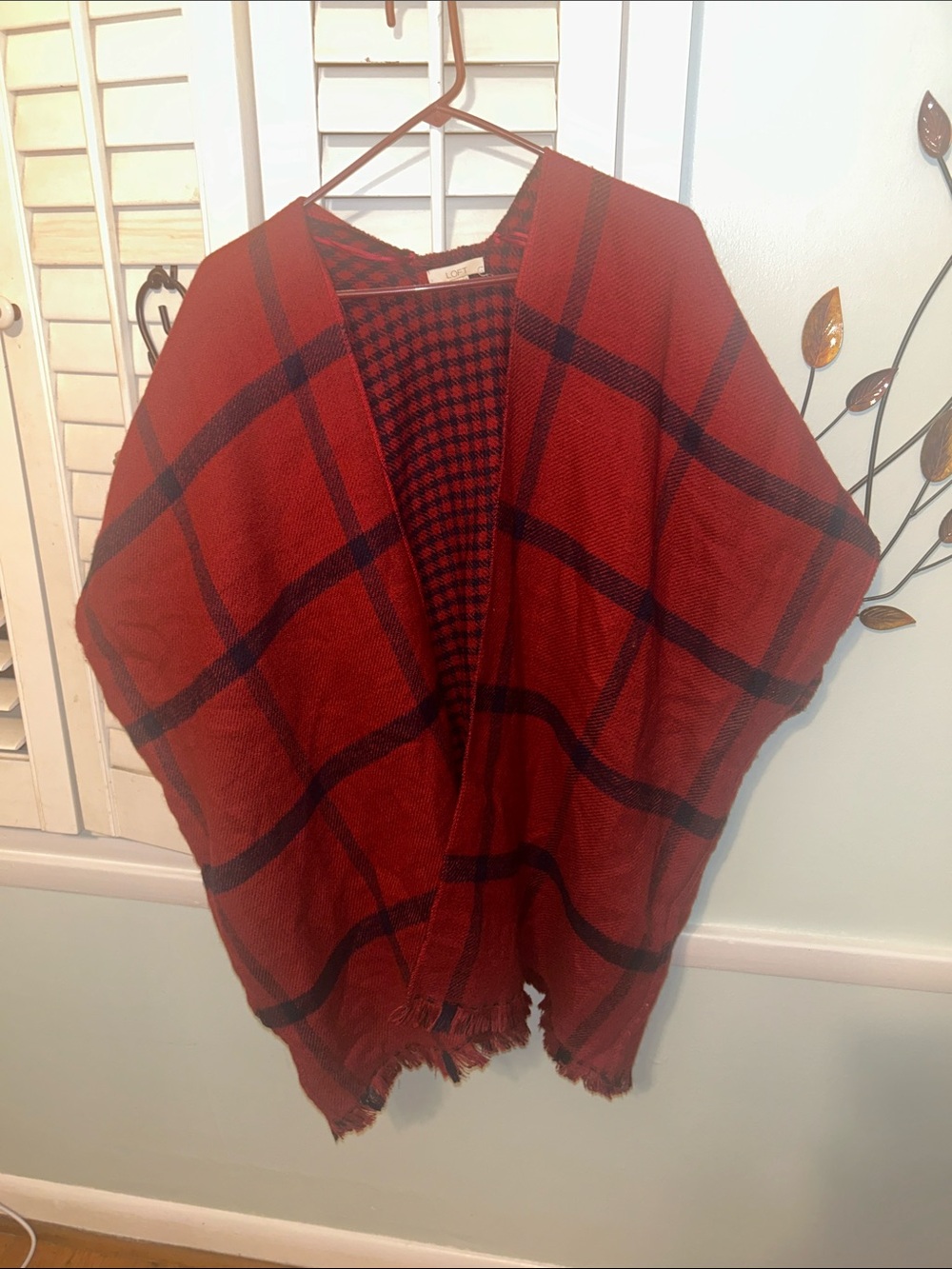 LOFT Burgundy Plaid Wrap Poncho - Picture 5 of 6